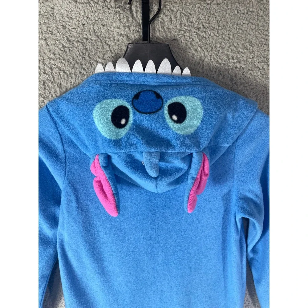 Disney Stitch Kids Fleece Pajamas L 10/12 Blue Hooded Costume Union Suit